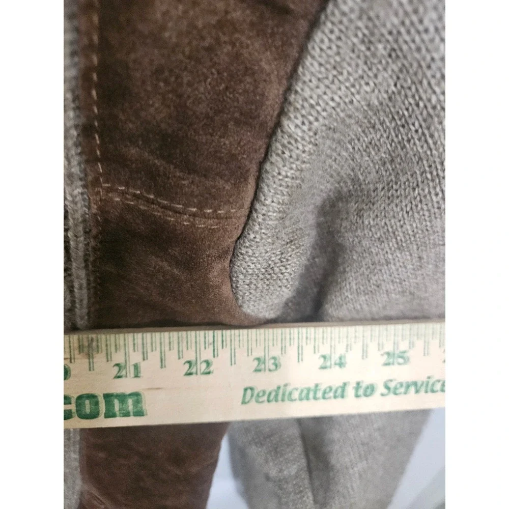 Norm Thompson Made in Italy Vintage Suede Panel Cable Knit Cardigan Sweater Tan‎